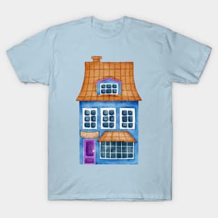 BLUE VILLAGE HOUSE WATERCOLOR T-Shirt